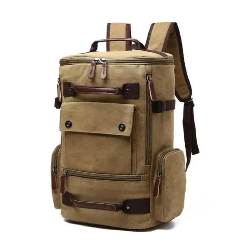Canvas Travel Flap Pockets Rucksack Backpack - Khaki