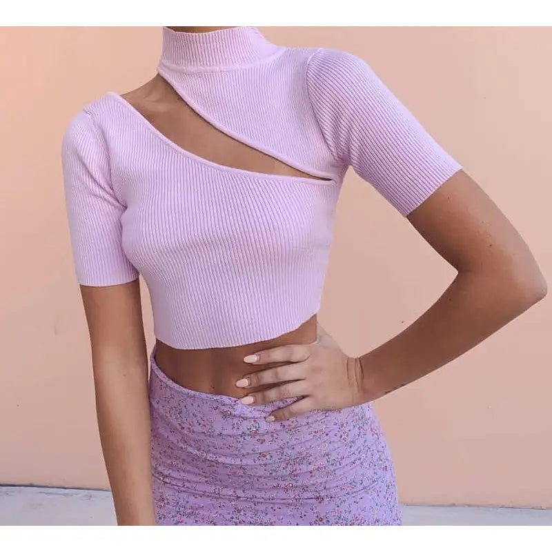 Caramel High Neck Ribbed Knit Crop Top