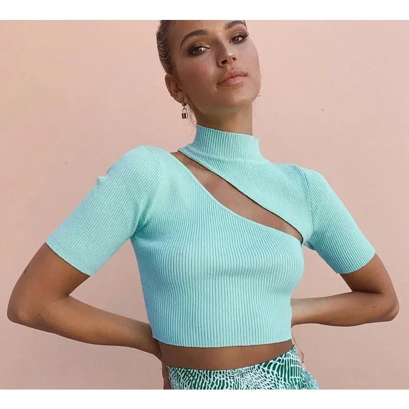 Caramel High Neck Ribbed Knit Crop Top