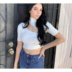 Caramel High Neck Ribbed Knit Crop Top