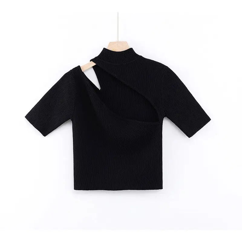Caramel High Neck Ribbed Knit Crop Top Black / S