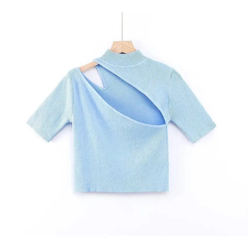 Caramel High Neck Ribbed Knit Crop Top Light Blue / S