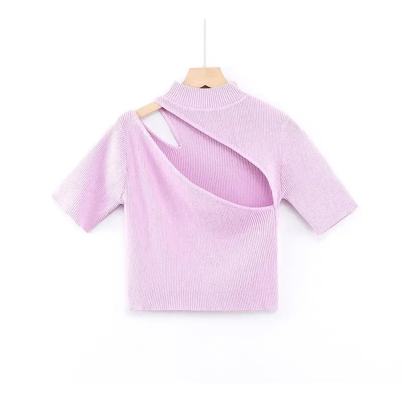 Caramel High Neck Ribbed Knit Crop Top Pink / S