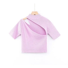 Caramel High Neck Ribbed Knit Crop Top Pink / S