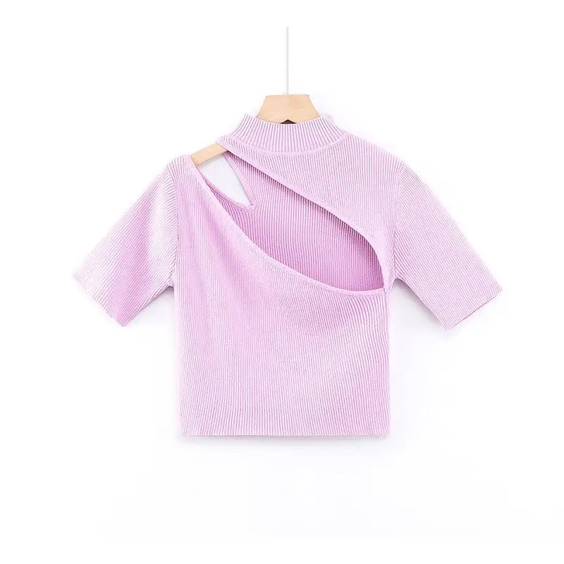 Caramel High Neck Ribbed Knit Crop Top - Pink / M - crop top