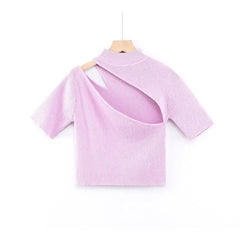 Caramel High Neck Ribbed Knit Crop Top - Pink / M - crop top