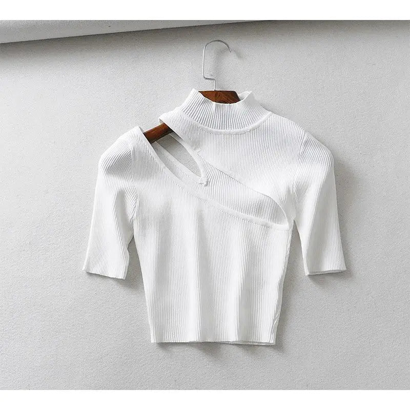 Caramel High Neck Ribbed Knit Crop Top White / S