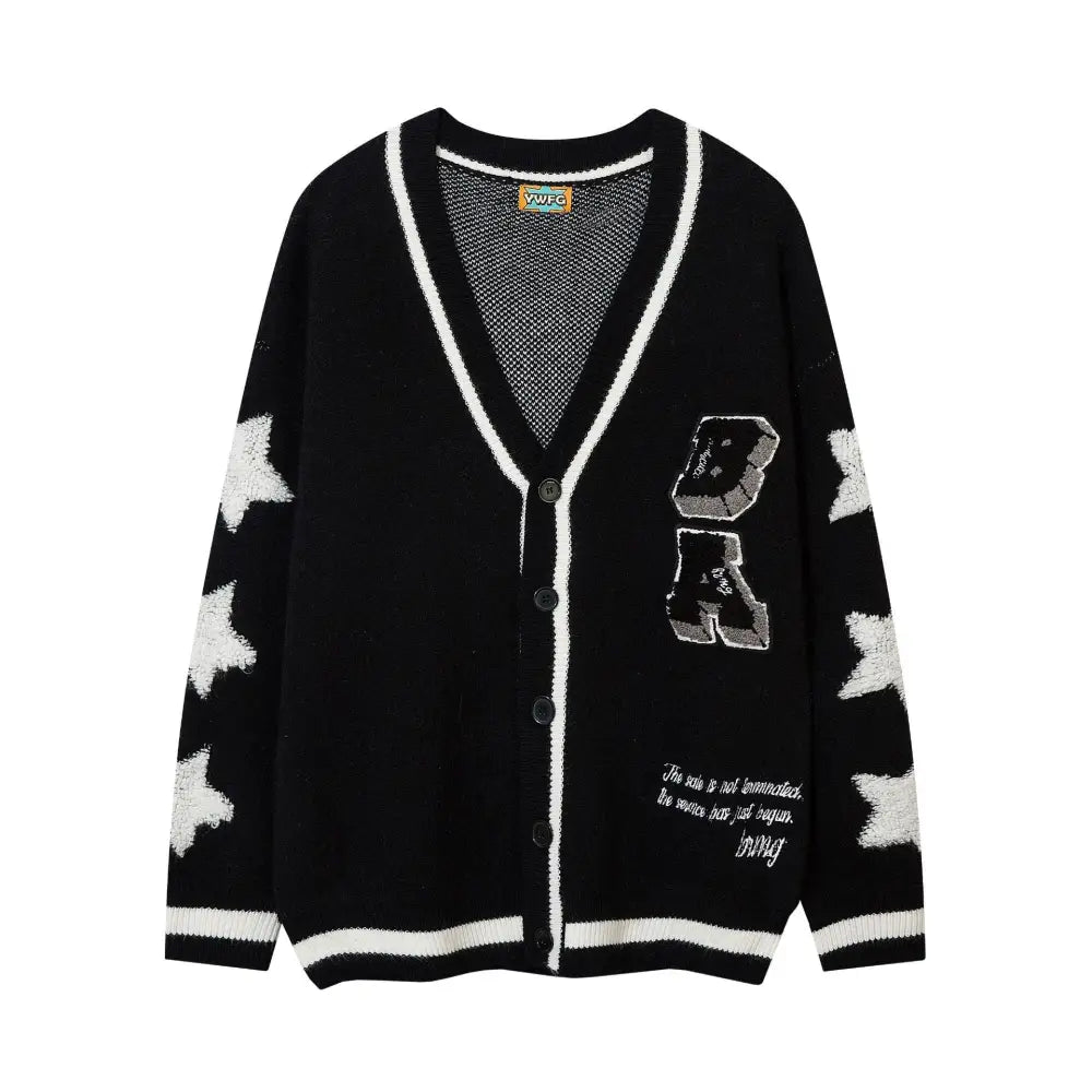 Cardigan College Knitted Sweater Acrylic Crew Neck Black / S