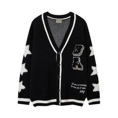 Cardigan College Knitted Sweater Acrylic Crew Neck Black / S