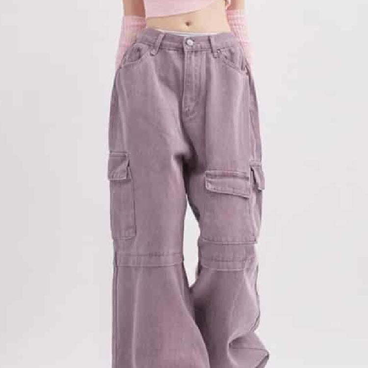 Y2K High Waist Cargo Wide Leg Jeans - Purple / S