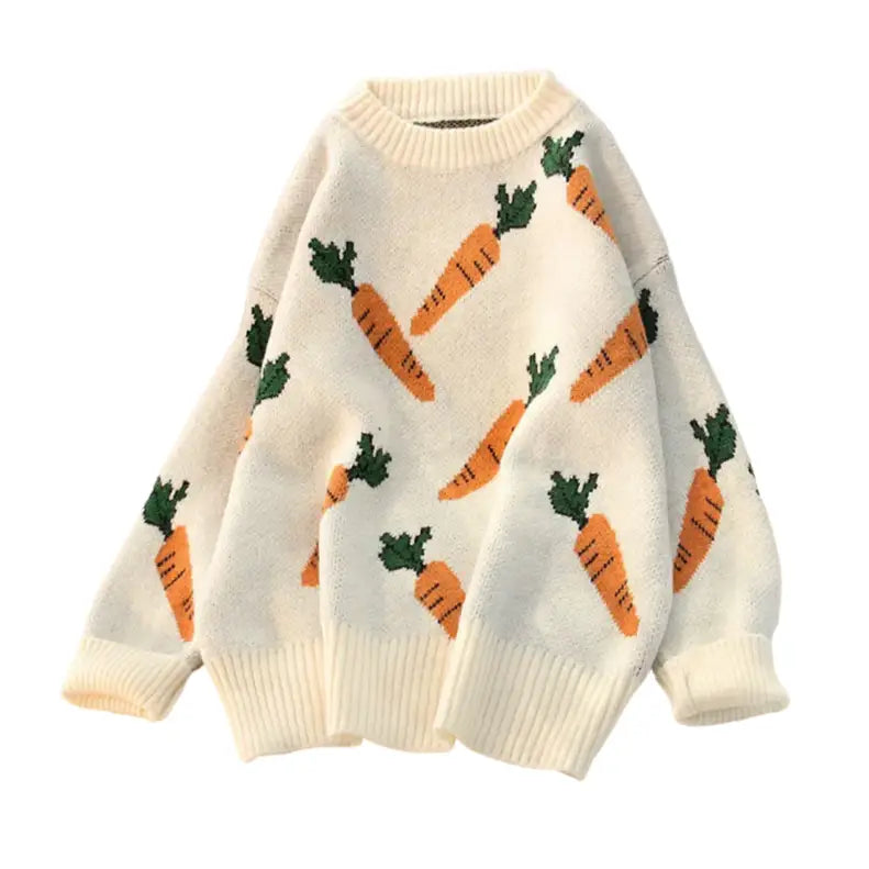 Carrot Print Lantern Sleeve Sweater - O Neck White