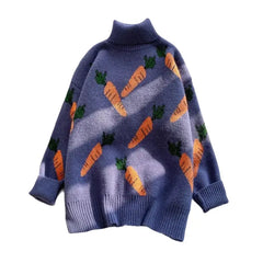 Carrot Print Lantern Sleeve Sweater - Turtleneck Purple