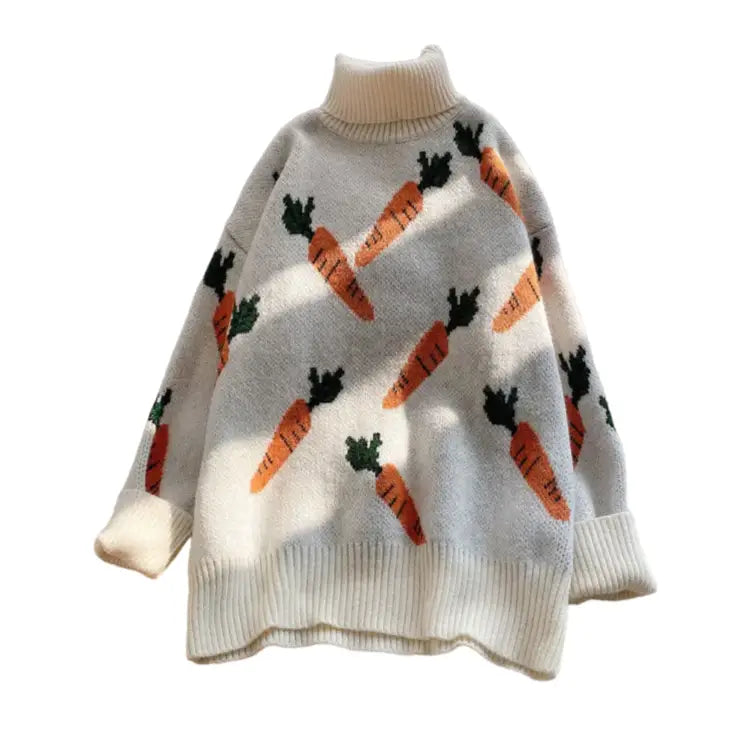 Carrot Print Lantern Sleeve Sweater - Turtleneck White