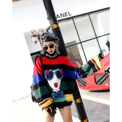 Cartoon 3D Abstract Fashion Girl Sequins Knitted Oversize Sweater