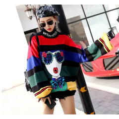 Cartoon 3D Abstract Fashion Girl Sequins Knitted Oversize Sweater