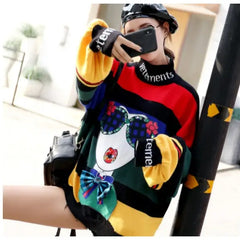 Cartoon 3D Abstract Fashion Girl Sequins Knitted Oversize Sweater