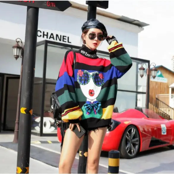 Cartoon 3D Abstract Fashion Girl Sequins Knitted Oversize Sweater