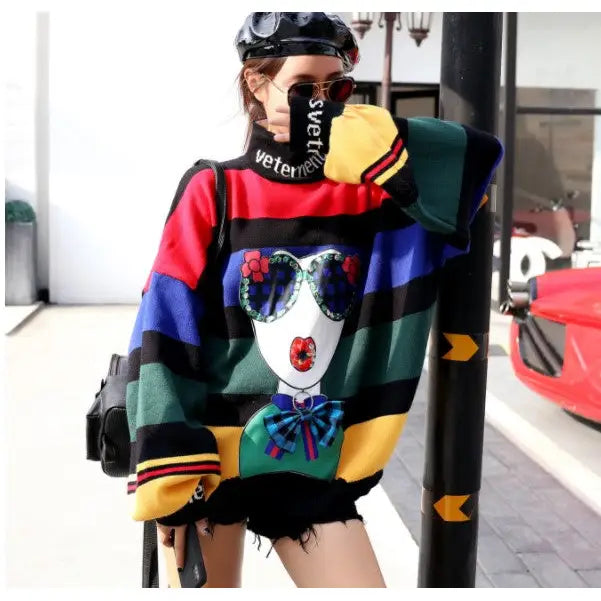 Cartoon 3D Abstract Fashion Girl Sequins Knitted Oversize Sweater