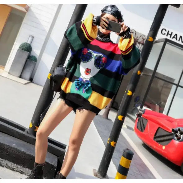 Cartoon 3D Abstract Fashion Girl Sequins Knitted Oversize Sweater