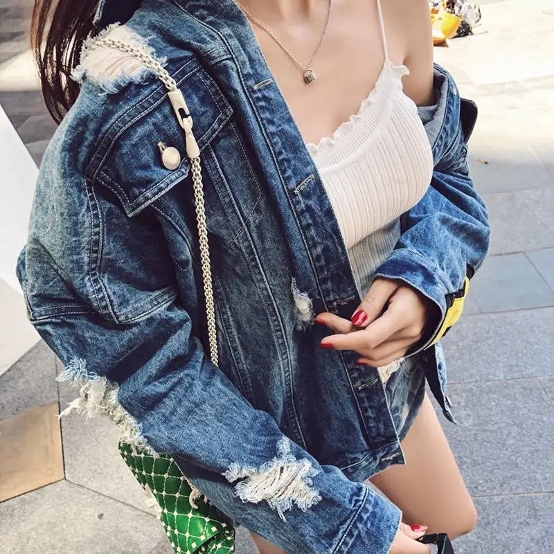 Cartoon Angel Loose Denim Jacket for Casual Wear