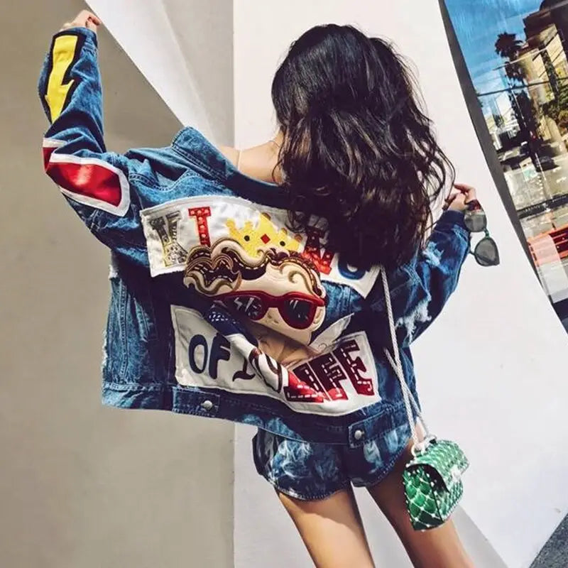 Cartoon Angel Loose Denim Jacket for Casual Wear