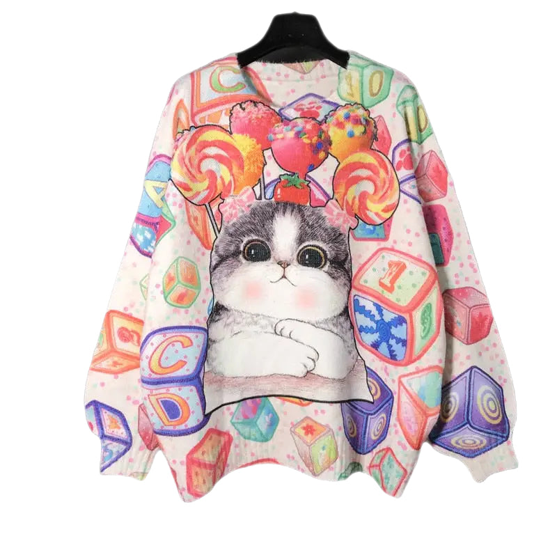 Cartoon Animal Cat Embroidery Pullover Knitting Sweater