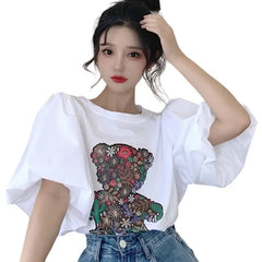 Cartoon Bear Print O-Neck Puff T-Shirt