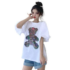 Cartoon Bear Print O-Neck Puff T-Shirt