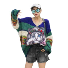 Cartoon Cat V-collar Knitted Oversize Sweater