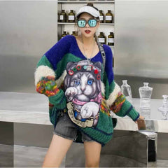 Cartoon Cat V-collar Knitted Oversize Sweater