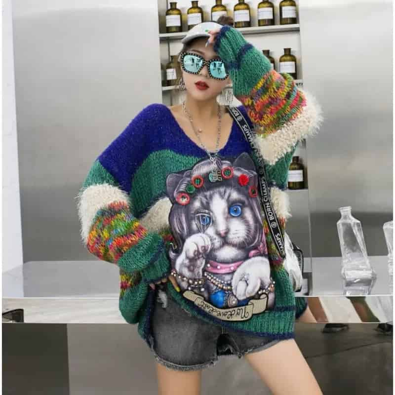 Cartoon Cat V-collar Knitted Oversize Sweater