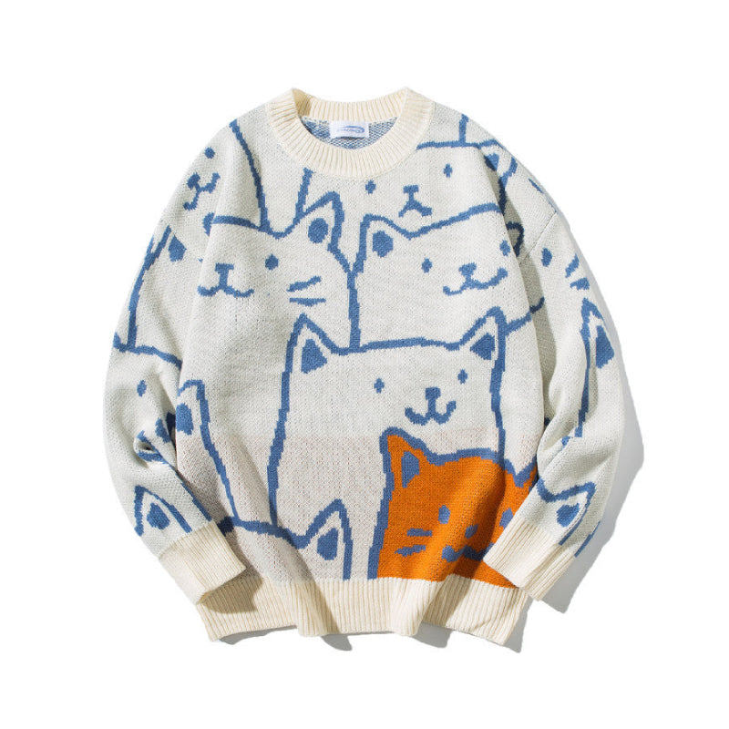 Cartoon Cats Knitted Sweater - Beige / M