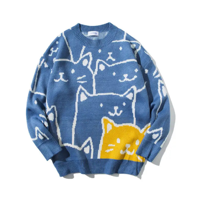 Cartoon Cats Knitted Sweater - Blue / M