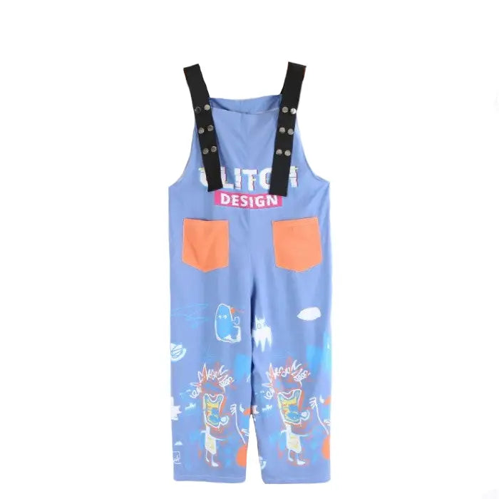 Cartoon Contrast Graffiti One-piece Loose Jumpsuit - Blue