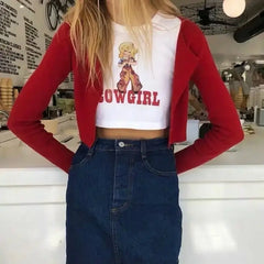 Cartoon Cowgirl Print Short Sleeve Crop Top