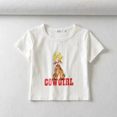 Cartoon Cowgirl Print Short Sleeve Crop Top