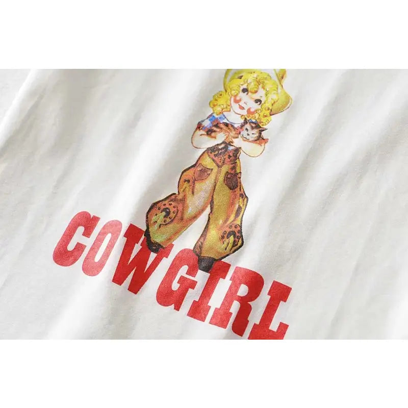 Cartoon Cowgirl Print Short Sleeve Crop Top