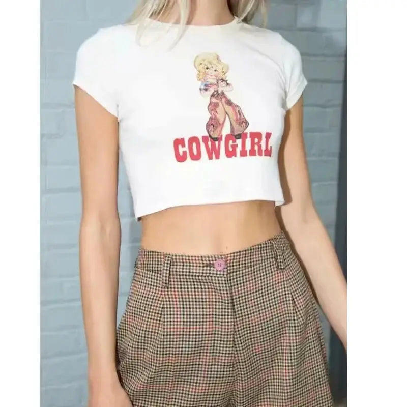 Cartoon Cowgirl Print Short Sleeve Crop Top White / S