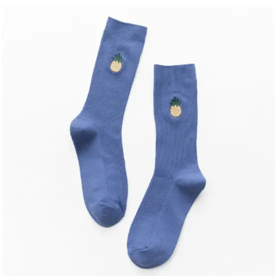 Cartoon Embroidery Fruits Socks - Blue-Pineapple / One Size