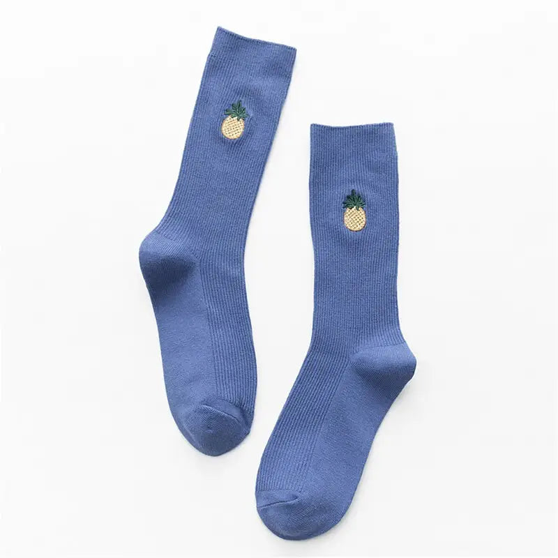 Cartoon Embroidery Fruits Socks - Dark Blue-Pineapple