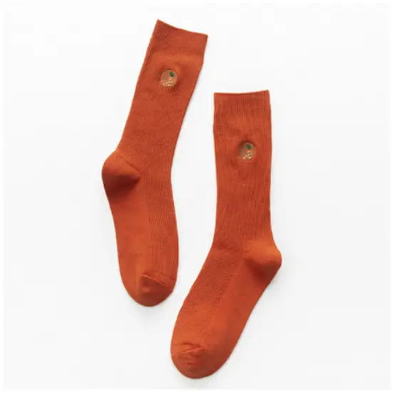 Cartoon Embroidery Fruits Socks - Orange-Orange / One Size