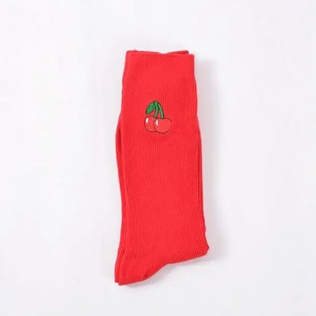 Cartoon Embroidery Fruits Socks - Red-Cherry / One Size