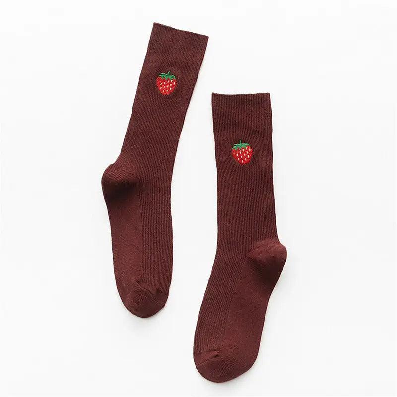 Cartoon Embroidery Fruits Socks - Red Wine-Strawberry