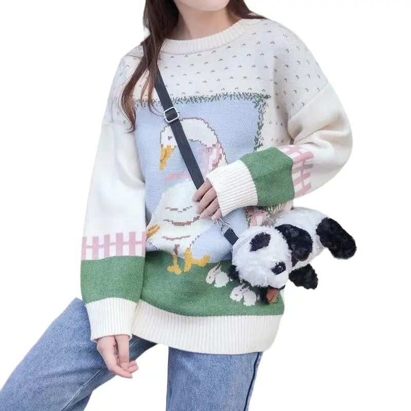 Cartoon Goose Knitted Sweaters - Beige / One Size - Sweater