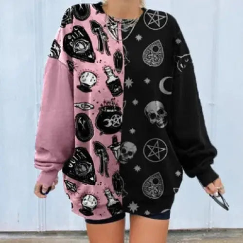 Cartoon Gothic Skull and Ouija Print Sweatshirt - Pink / S