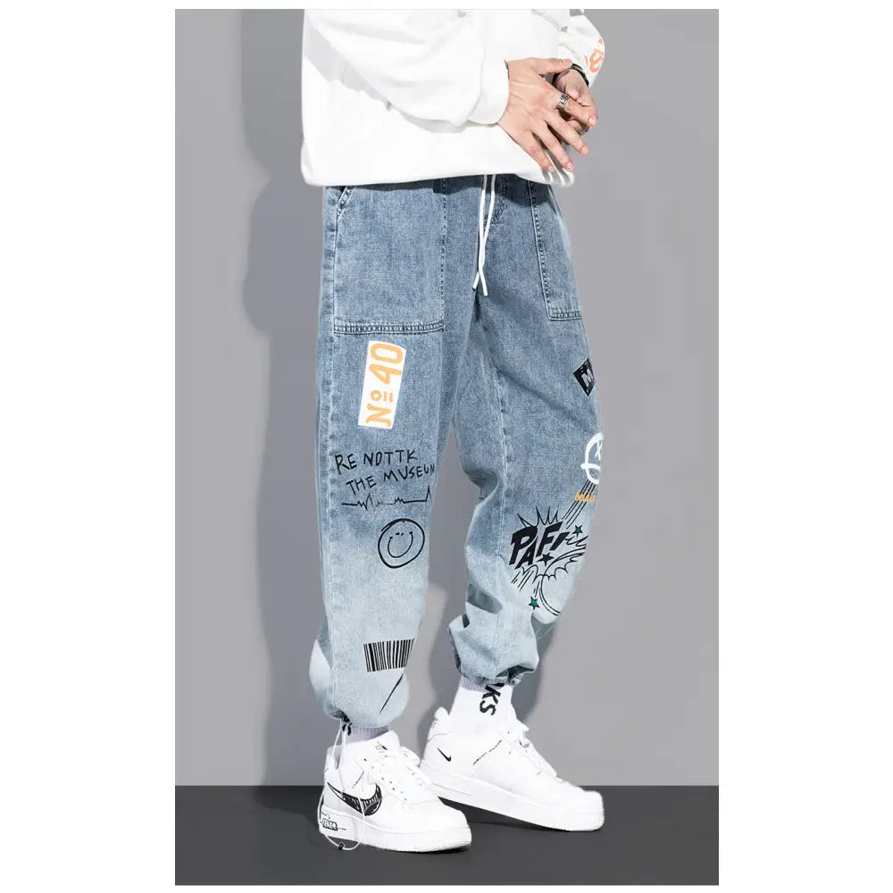 Cartoon Graffiti Drawstring Loose Straight Jeans