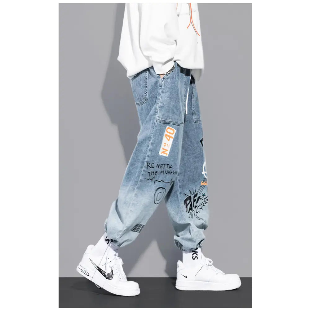 Cartoon Graffiti Drawstring Loose Straight Jeans