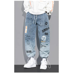 Cartoon Graffiti Drawstring Loose Straight Jeans