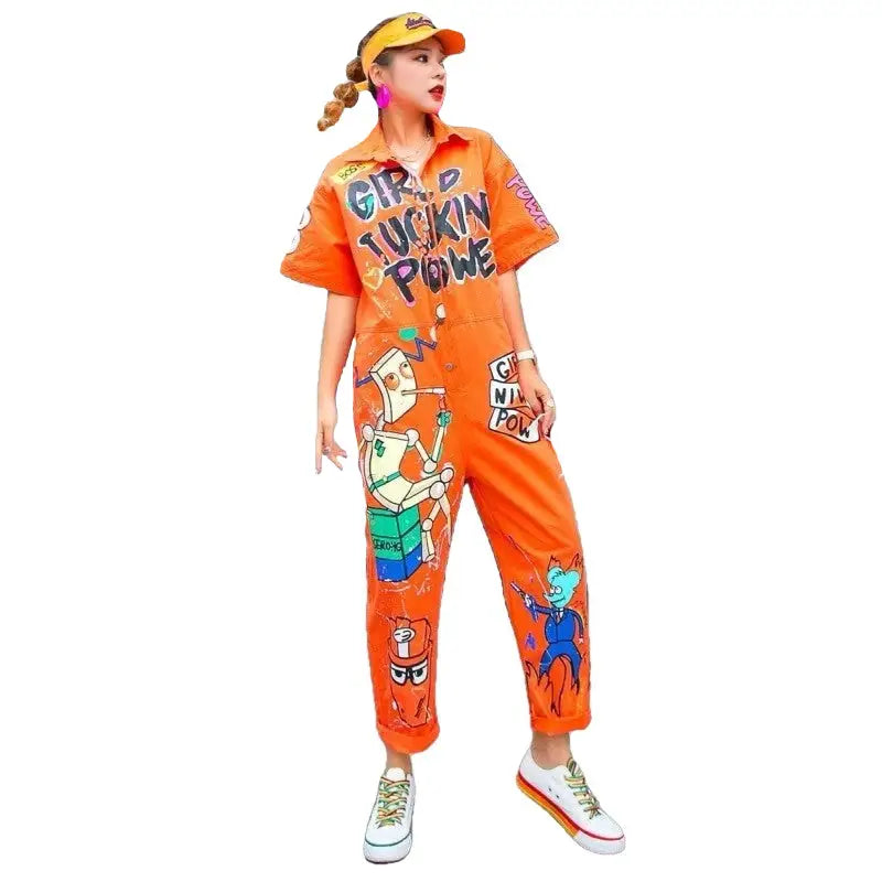 Cartoon Graffiti Printing Loose Jumpsuit - Orange / One size