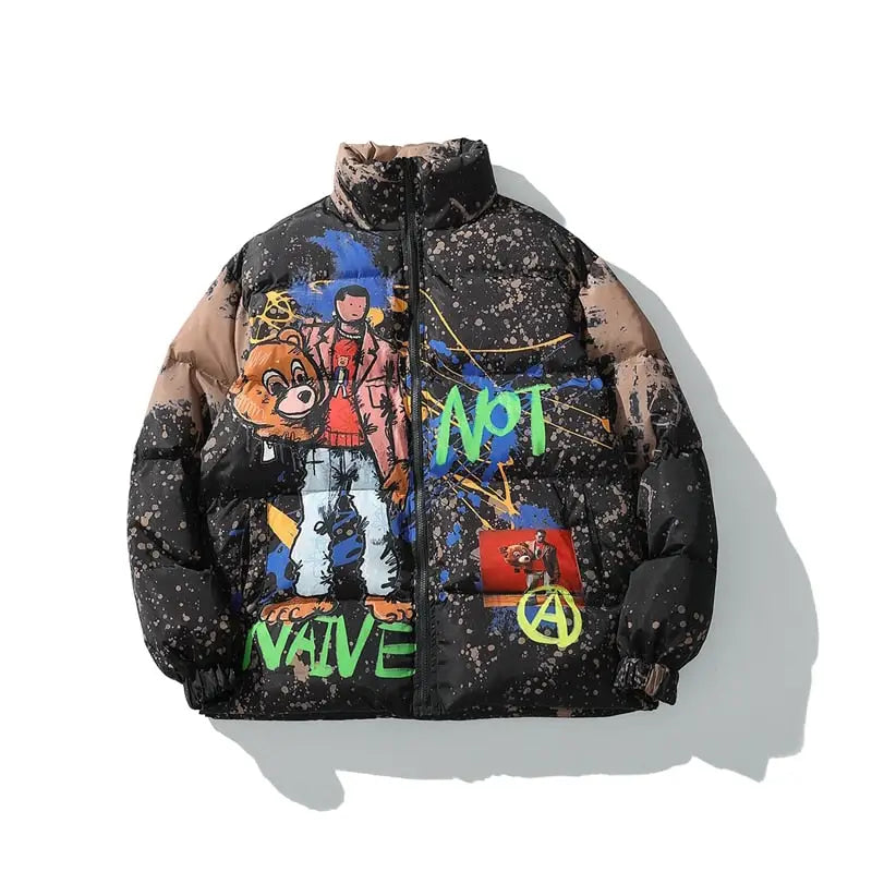 Cartoon Graffiti Windbreaker Harajuku Warm Coat - Brown / M